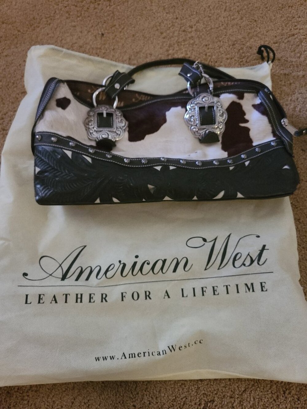 American West Hand Tooled Leather & Hair-on Cowhide Satchel Bag + Dust Bag
